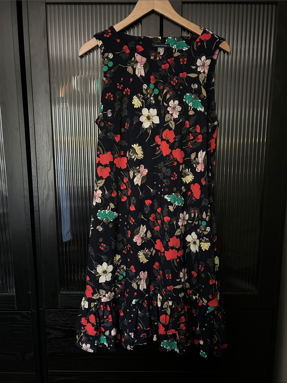 Floral Sleeveless Ruffle-Hem Dress - Black with Red & Green Floral Print